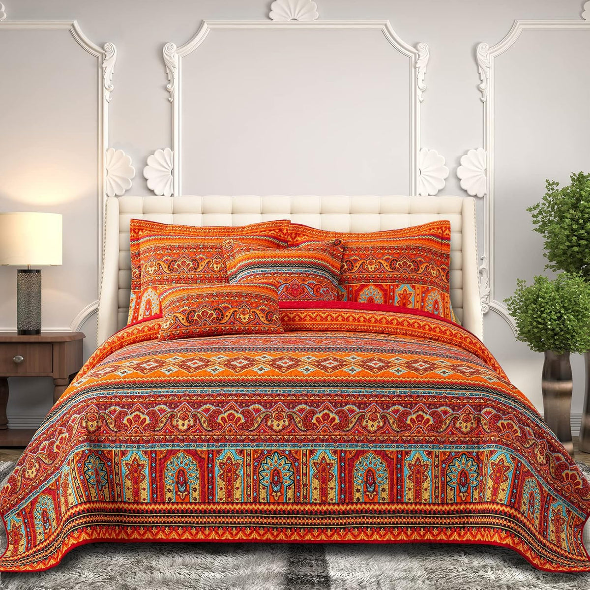 Farmhouse Cotton Quilts Queen Size for Fall - Lightweight Patchwork Autumn Bedspread Set for Bed Coverlet - Highly-Woven Soft Reversible Bed Spread for All Seasons (Floral Orange) 3 Pieces
