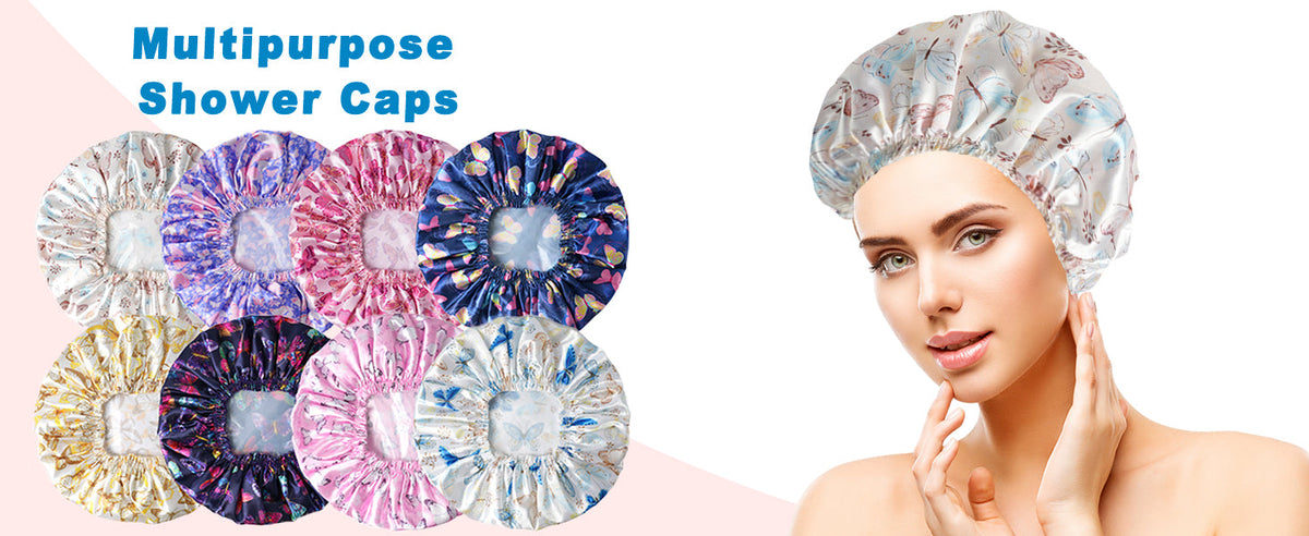 Shower Caps for Women, 4 PCS Elastic and Reusable Bath Caps, Double Waterproof Layers Shower Cap, Bathing Shower Caps, Environmental Protection Hair Bath Hat - Solid Color