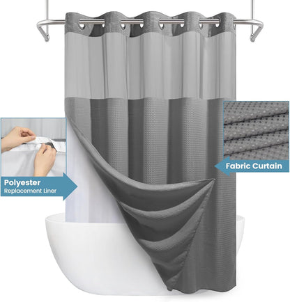 Grey Shower Curtain and Liner Set - 230GSM Waffle Weave Textured Heavy Duty,Hotel Luxury Weighted Bath Curtain,71W x 74H