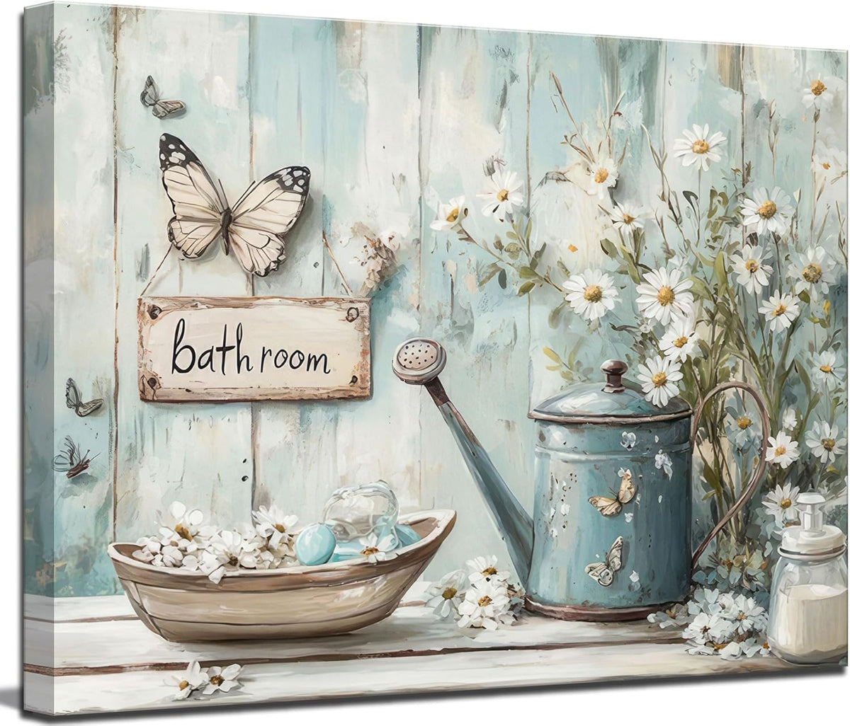 Farmhouse Rustic Daisy Canvas Wall Art Vintage Country Floral Posters Print White Jasmine Flowers and Rust Color Watering Can Wall Decor Picture for Living Room Bedroom Bathroom Decoration